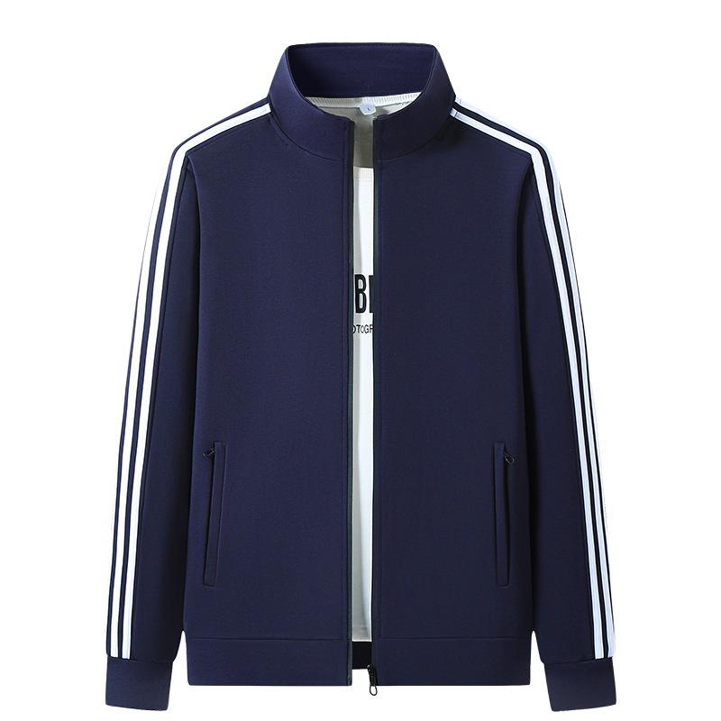 

Мужская толстовка-куртка в корейском стиле с воротником-стойкой - Весенне-осенняя, с тремя полосками, свободный крой, длинный рукав, больших размеров. 2XL синий