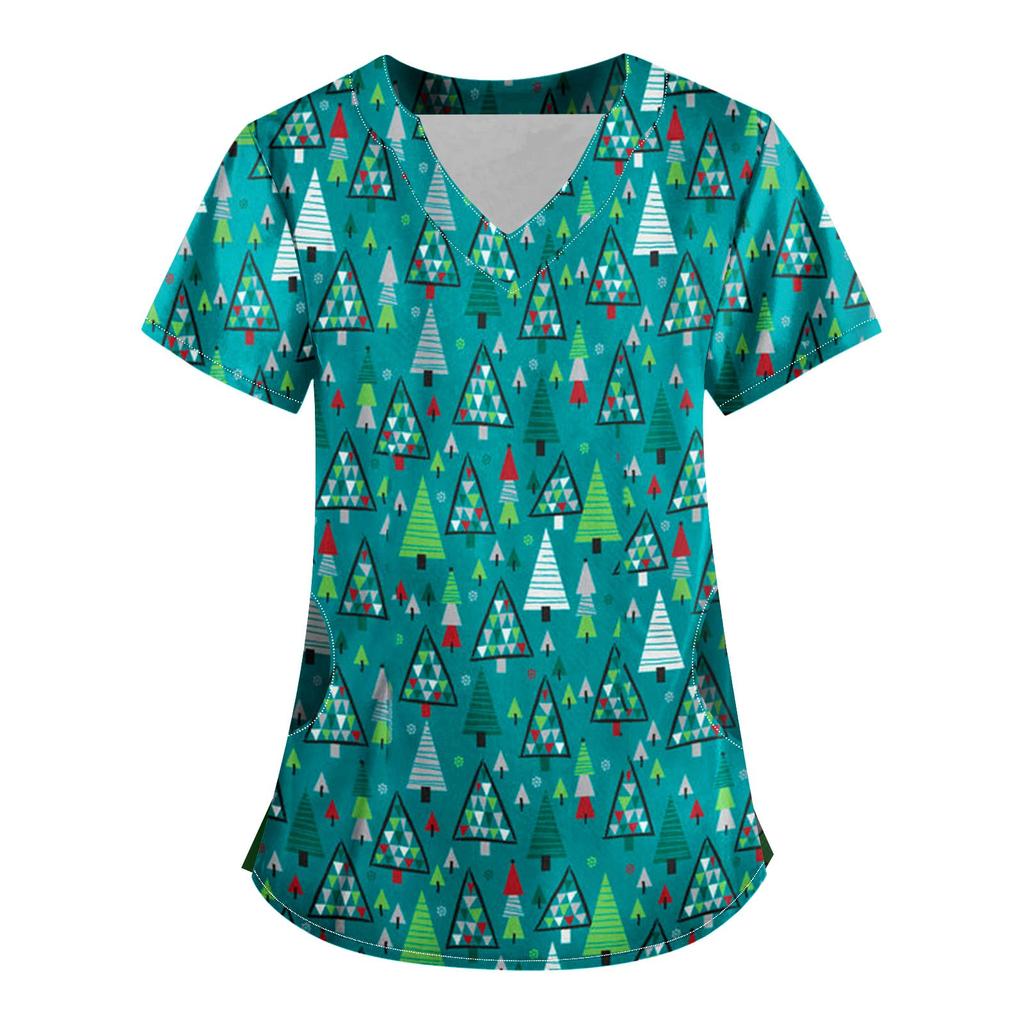 Women Short Sleeve V Neck Christmas Cartoon Pattern Tops Pocket Working T-shirts Non-positioning Print