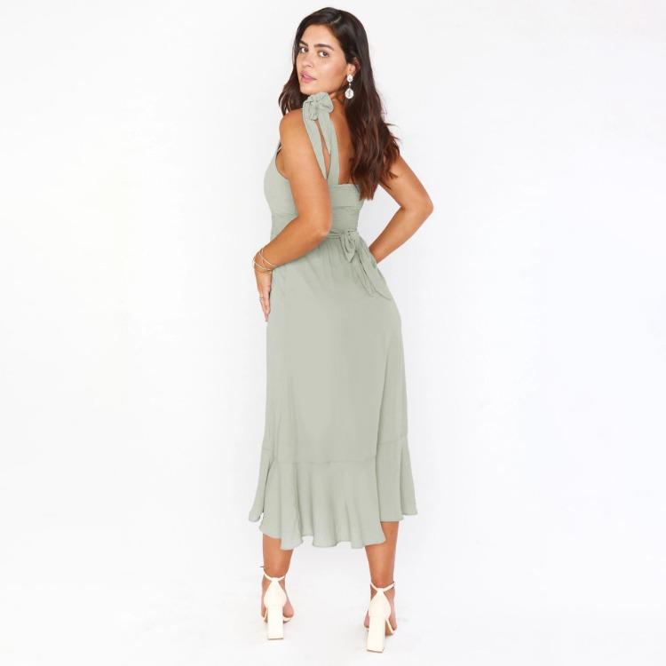 Women Summer Casual Sleeveless Spaghetti Strap A-Line Dress High Waist Long Split Solid Color Dresses