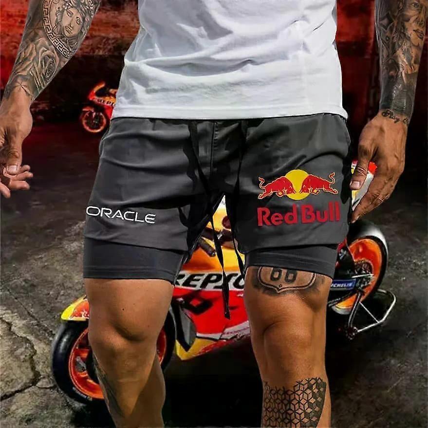 (M) 2025 Neue Herren Schnelltrocknende Fake-Zweiteiler Shorts Modetrend Lokomotive F1 Reitshorts Bequeme Freizeitshorts Moto white