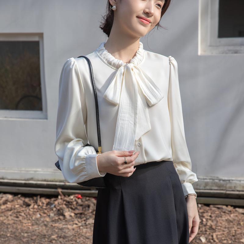 Korean Style Elegant Satin Bow Long Sleeve Women s Shirt - 2026 Spring/Autumn Fashion S грязно-белый