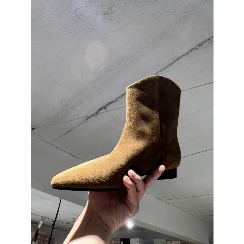 Vintage Kůže Matný Semiš Špičatý Podpatek Plochá Podrážka Úzké Kozačky Krátké Kozačky Westernové Kovbojské Kozačky Dámské Martensky