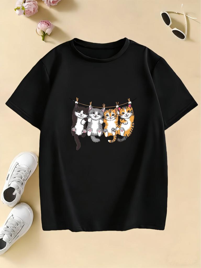Funny Climb Cat Graphic Kids Tshirts Summer Short Sleeve Tees Cartoon Boys Girls Clothes Kawaii Kitten Tops Y2K Children T-shirt