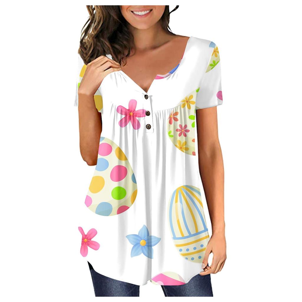 Women's Fashion  Easter  Printed Short Sleeve V-Neck Live Button Top