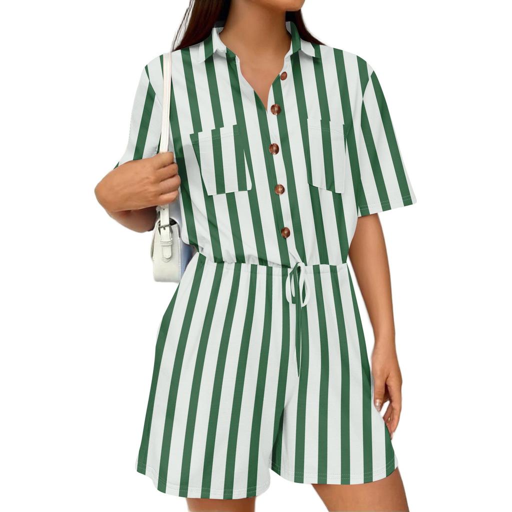 Women's Fashion V-neck Jumpsuit Plaid Casual Short Sleeve Top Jumpsuit