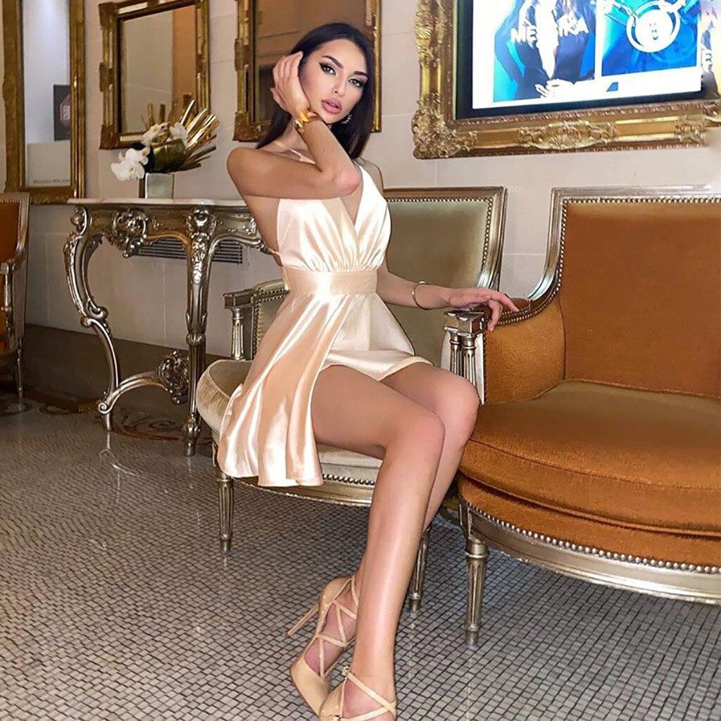 New Dress Women Satin V-neck Solid Sleeveless Suspenders Backless Bow-knot V-Collar Mini Dress Dresses