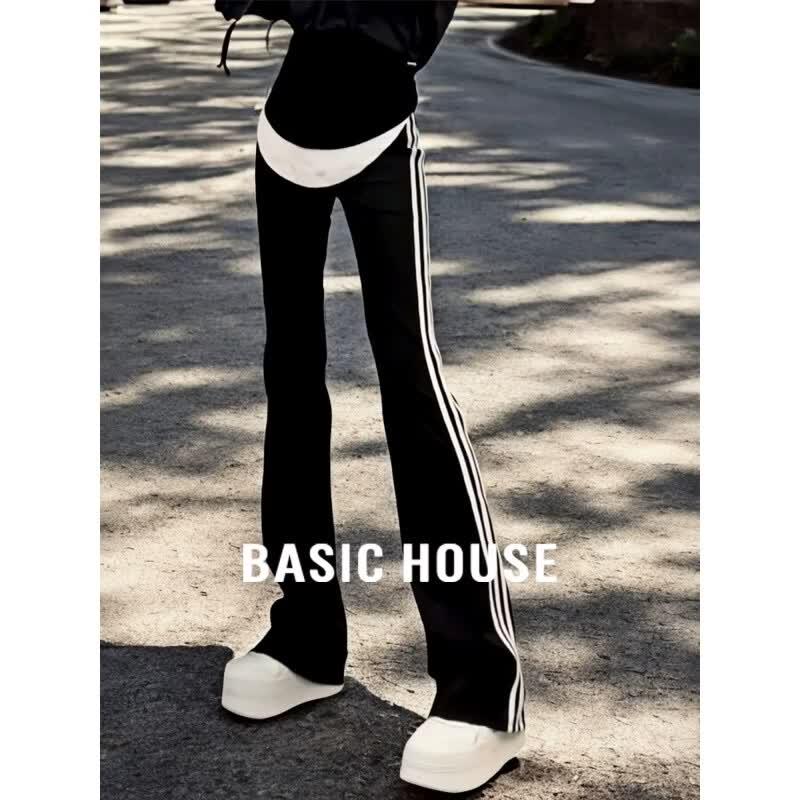Basic House Women s Black Striped Flared Sports Pants XL