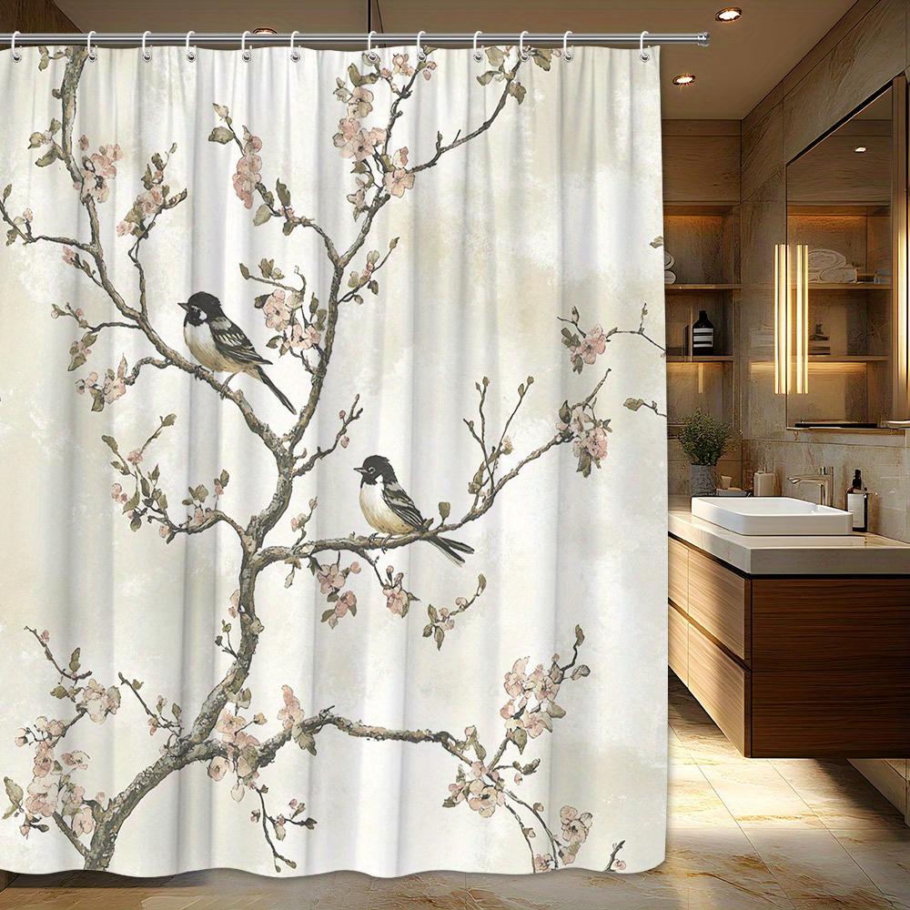 1pc Black-and-White Sparrows & Pink Blossoms Shower Curtain - Two Sparrows on Delicate Branch, Soft Pink Flowers
