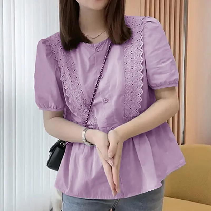 Summer Women Lace Embroidery Puff Sleeve Button Front Peplum Blouse