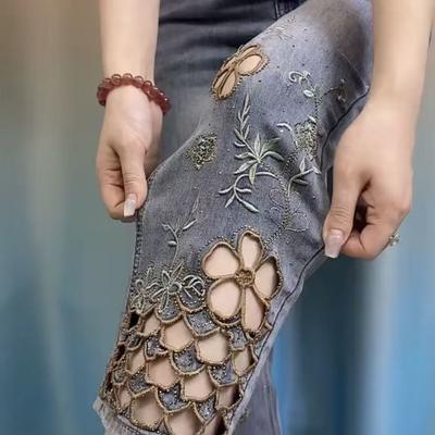 Pantalon d'été fin en jean évidé et brodé pour femme, taille haute, style tube à cigarette
