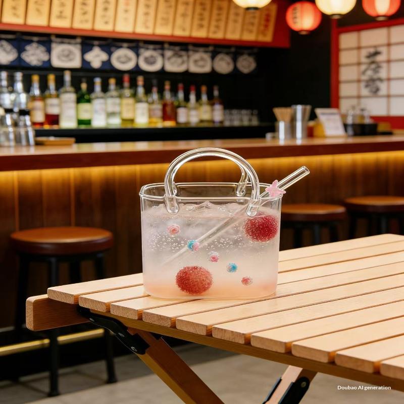 Bolso Portátil con Taza de Vidrio, Vasos Creativos para Cócteles, Vasos Divertidos para Vino de Frutas, Bolso de Estilo Ins con Vaso y Pajita, Herramientas de Bar