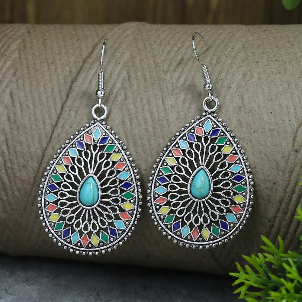 Ethnic Vintage Blue Beads Waterdrop Round Earrings for Women Boho Creative Geometric Silver Color Dangle Earrings Jhumka Jewelry