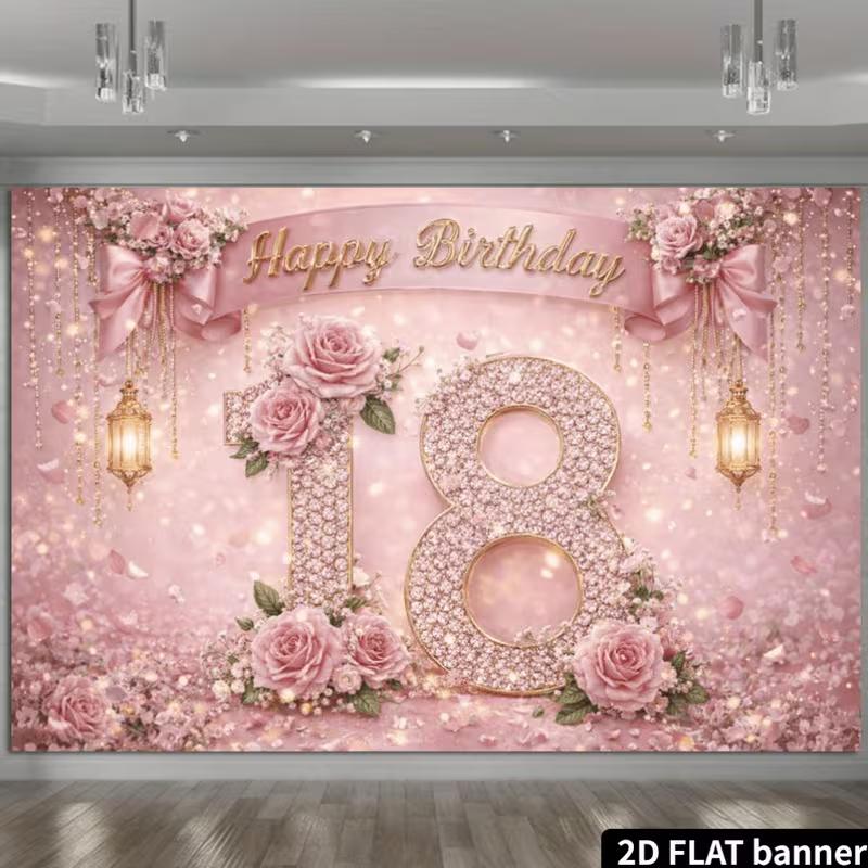2D Pink 18th Birthday Backdrop Photo Booth Props with Sparkles