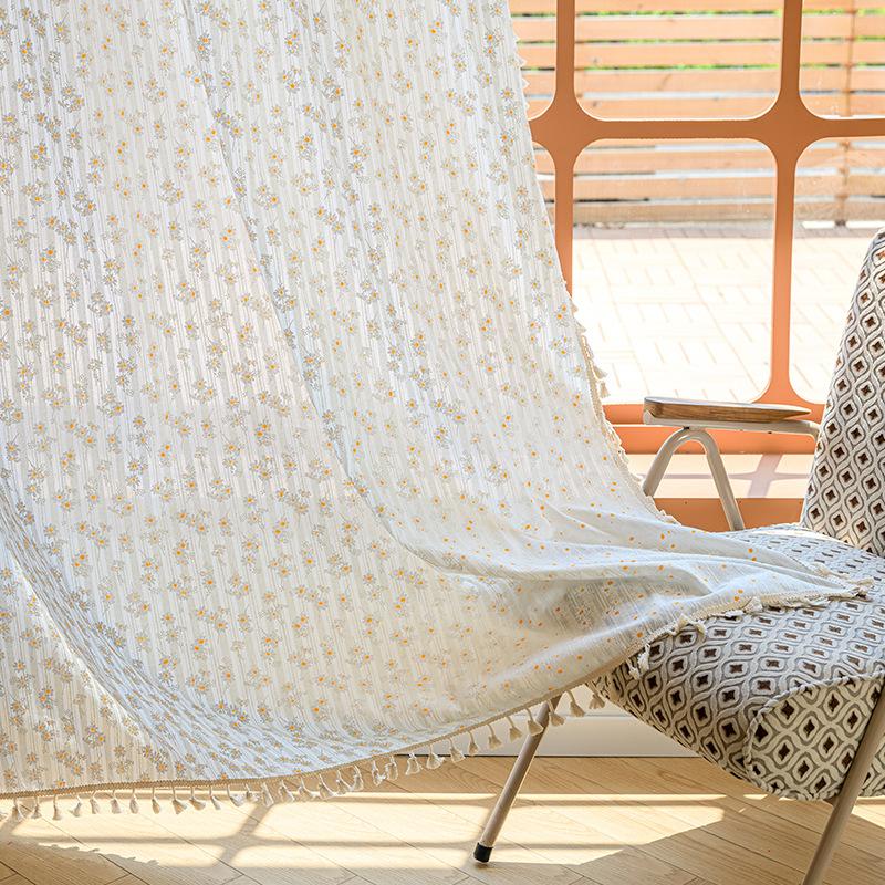 Floral Farmhouse Curtains Semi-Blackout Living Room Drapes Cotton Bohemian Window Curtain with Tassel, Rod Pocket, 1 Panel