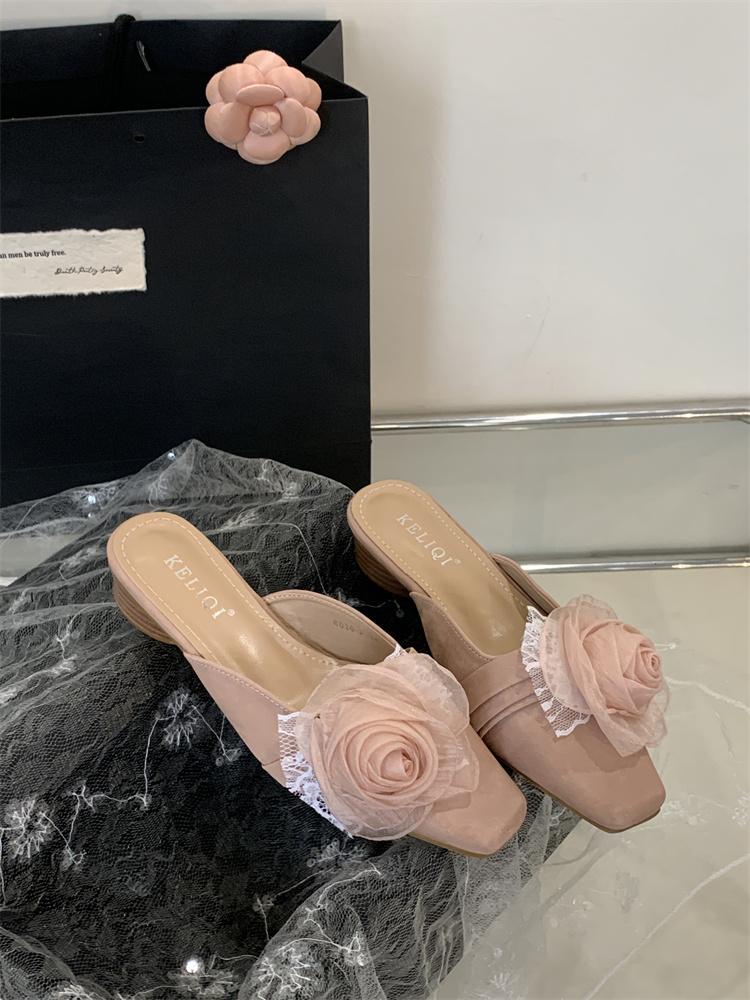 Fashion Slippers Women Summer Flower Shoes Square heel Cover Toe Slides Block Retro Floral Square heel Shoes Womens Slippers Outdoor Cov