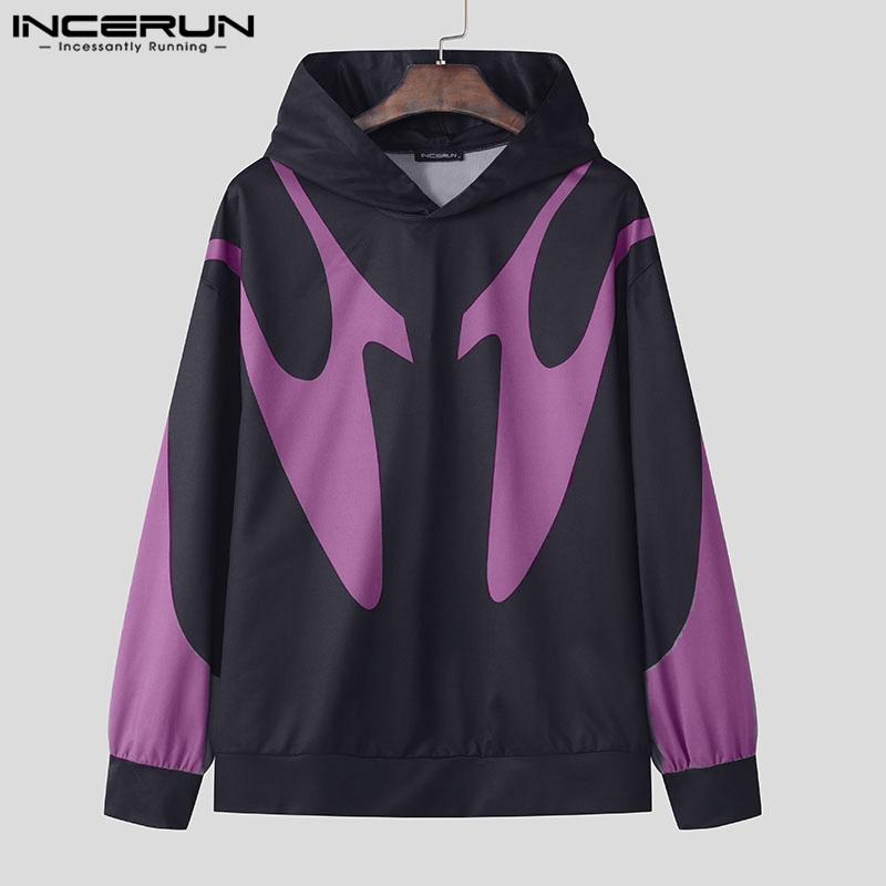 INCERUN Men Long Sleeve Hoodies Print Stitching Casual Hooded Sweatshirts