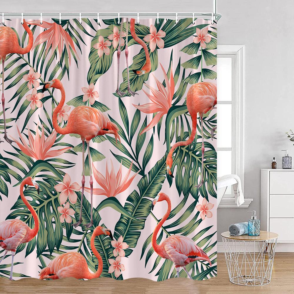 Flamingo Pink Birds Shower Curtains Tropical Palm Leaves Plants Jungle Nordic Bath Curtain Summer Vacation Fabric Bathroom Decor
