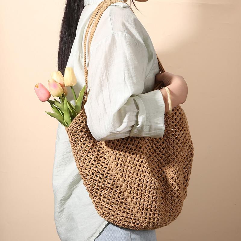Casual Large-capacity Cotton Thread Woven Bag New Hollow Straw Bag Lazy Wind Shoulder Bag Vacation Beach Bag Women's Bag