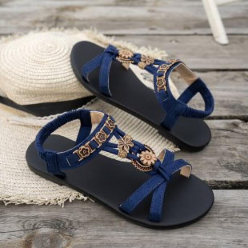 Neue große Größe flache Sohle Damen Sommer flacher Absatz Perlenbesetzte Boho-Sandalen offene Zehen elastische Strandschuhe Damen