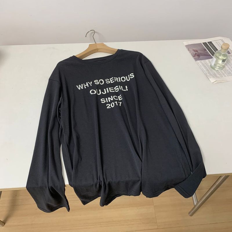 

Export Loose Print round Neck Blouse Long Sleeves T-shirt Dark Gray One size