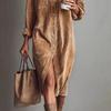 Vestido Chemise Manga Longa Feminino Gola Polo Cintura Alta Streetwear Veludo Cotelê Midi Cor Sólida Frente com Botões Vestido Casual