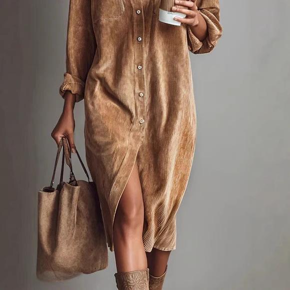 Vestido Chemise Manga Longa Feminino Gola Polo Cintura Alta Streetwear Veludo Cotelê Midi Cor Sólida Frente com Botões Vestido Casual