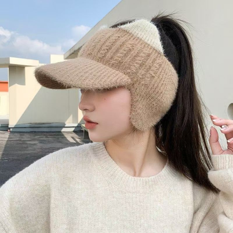Hat Women's New Autumn and Winter Thickened Ear Protection Cold Proof Knitted Woolen Hat Warm Empty Top Plush Duck Cap