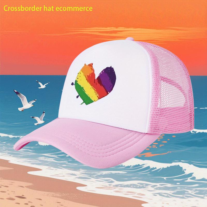 Rainbow Heart Print Breathable Mesh Trucker Hat Adjustable Polyester Casual Baseball Cap for Adults