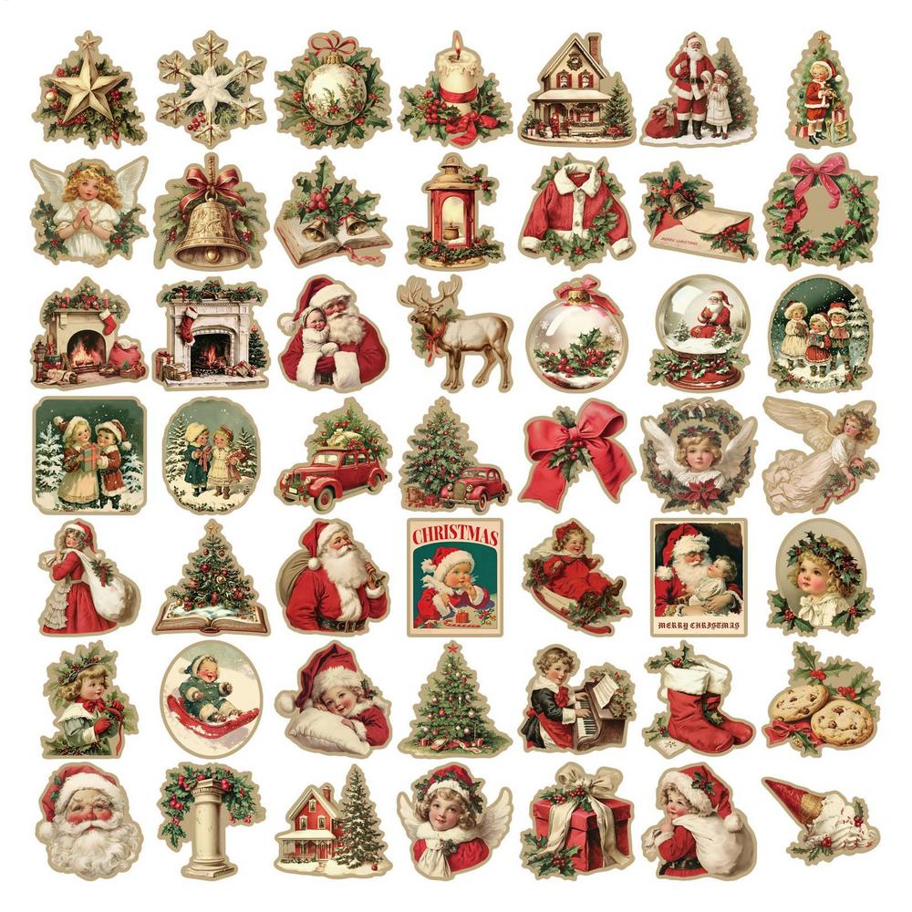50PCS Christmas Stickers Vintage Christmas Exquisite Cartoon Stickers Creative Handbooks Phone Cases Laptop Decorative Stickers