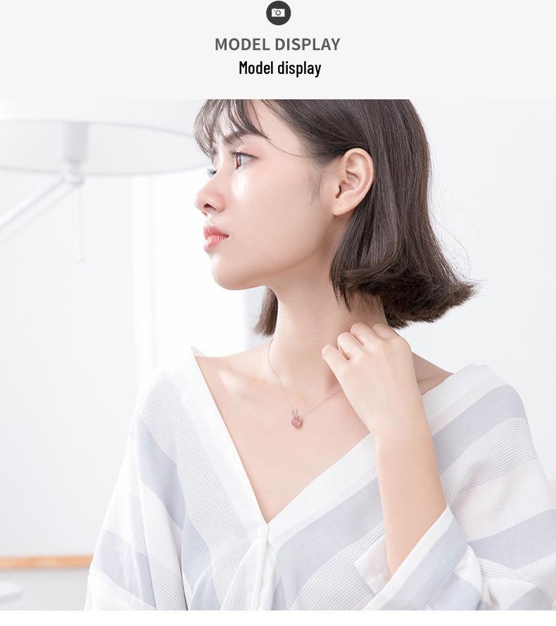 S925 Sterling Silver Antler & Strawberry Crystal Necklace for Women - Fresh, Cute, Simple Clavicle Chain