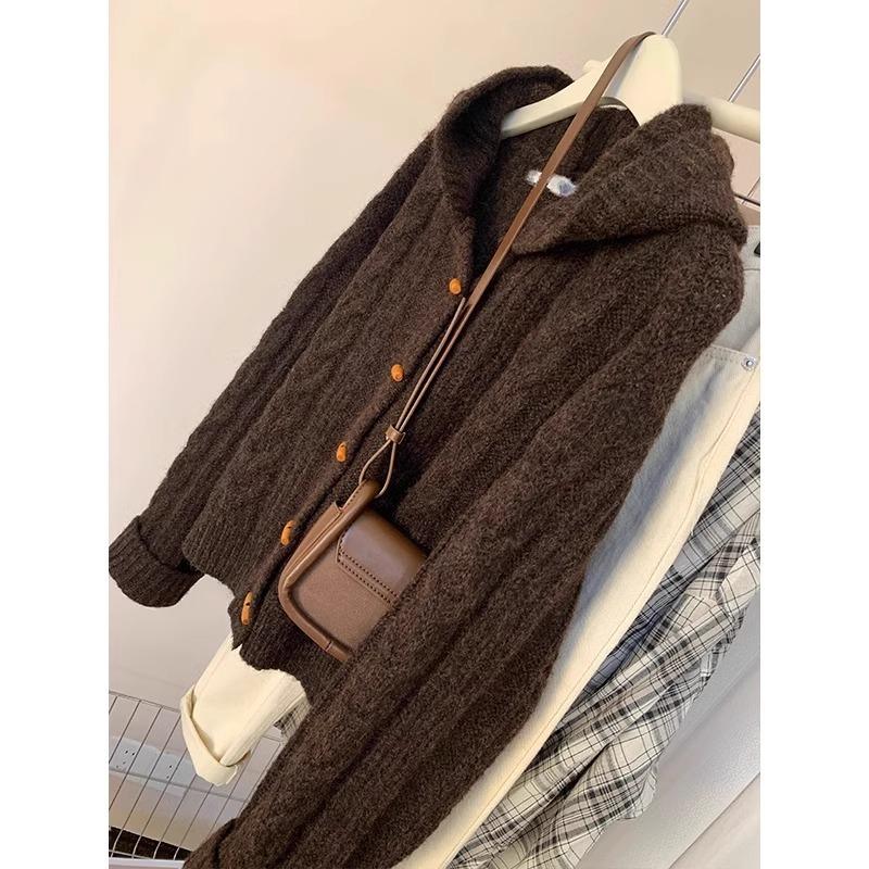Corner buckle hooded cardigan sweater women's gentle wind twist knitted jacket soft waxy outerwear top