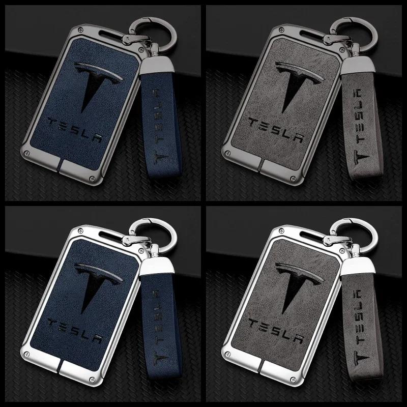 Autoaufkleber 2025 Neu Tesla Zinklegierung Leder Auto Fernschlüssel Abdeckung Schutzhülle Schale Schlüsselanhänger Tasche Für Tesla Model 3 Model Y