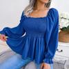Summer Women Chiffon Shirt Long Sleeve Square Neck Solid Color Tops with Wooden Ears