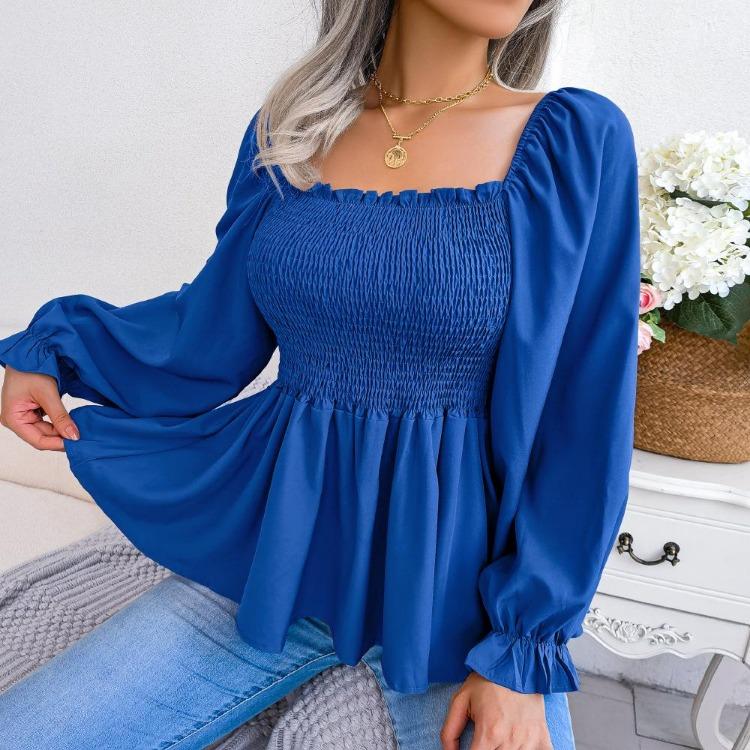 Summer Women Chiffon Shirt Long Sleeve Square Neck Solid Color Tops with Wooden Ears