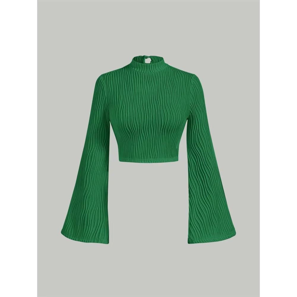Women Textured Mock Neck Flare Long Sleeve Crop Top Elegant Preppy Style Y2K Rib Knit Slim T Shirt Blouse