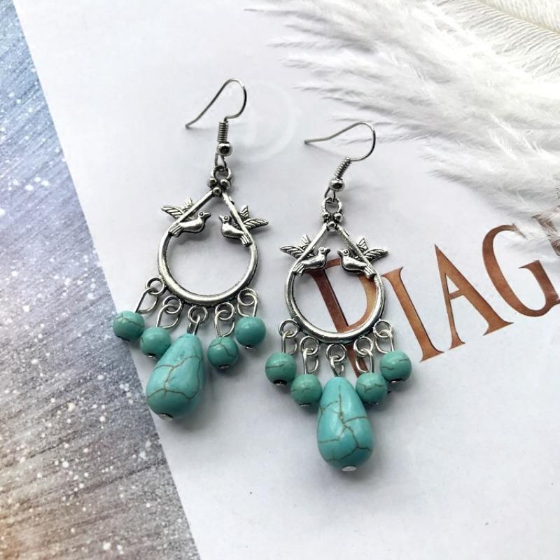Temperament Retro Turquoise Earrings, Ancient Silver Water Drop Fringed Earrings, Women's Versatile Long Ear Jewelry