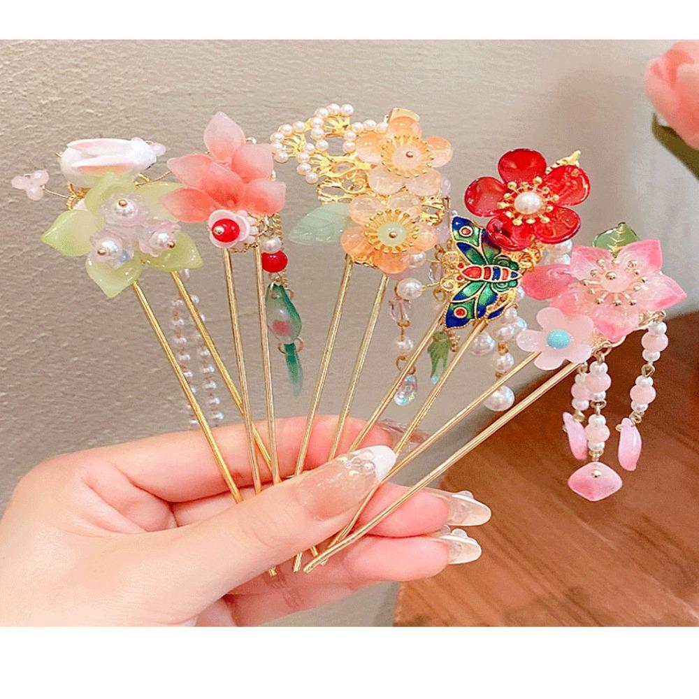 Ancient Style Peach Blossom Hairpin Vintage Chinese Headwear Sweet Antique Fringe Hairpin  Women