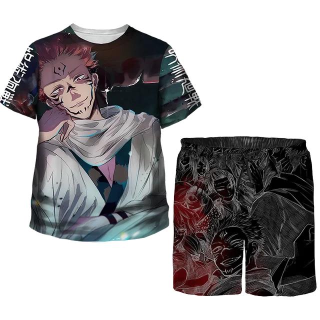 

Летние мужские и детские комплекты одежды, детский спортивный костюм с героями мультфильмов, футболка с рисунком аниме + черные шорты, наряды для мальчиков и девочек, костюмы, одежда для малышей 3XL