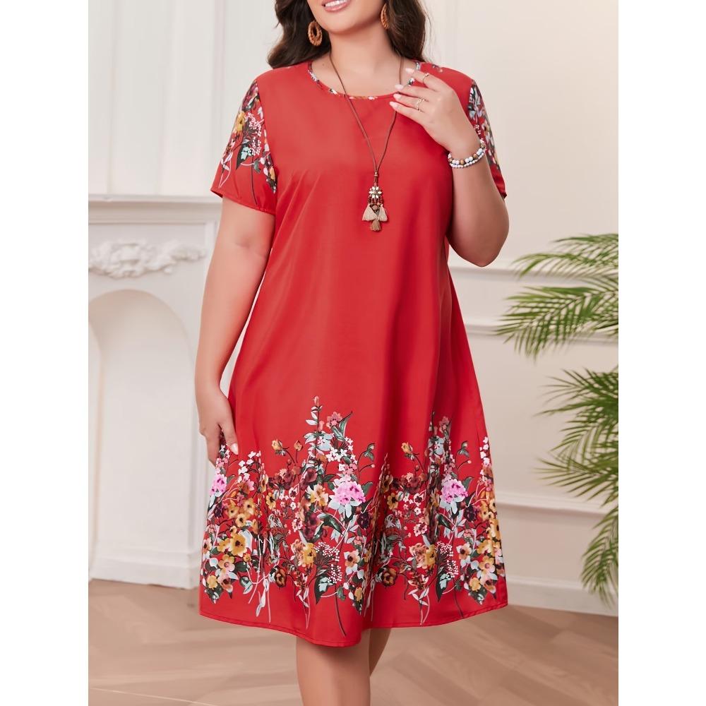 Big Size Women's Dress 3D Vintage Floral Summer Short Sleeve round Neck Casual Dress