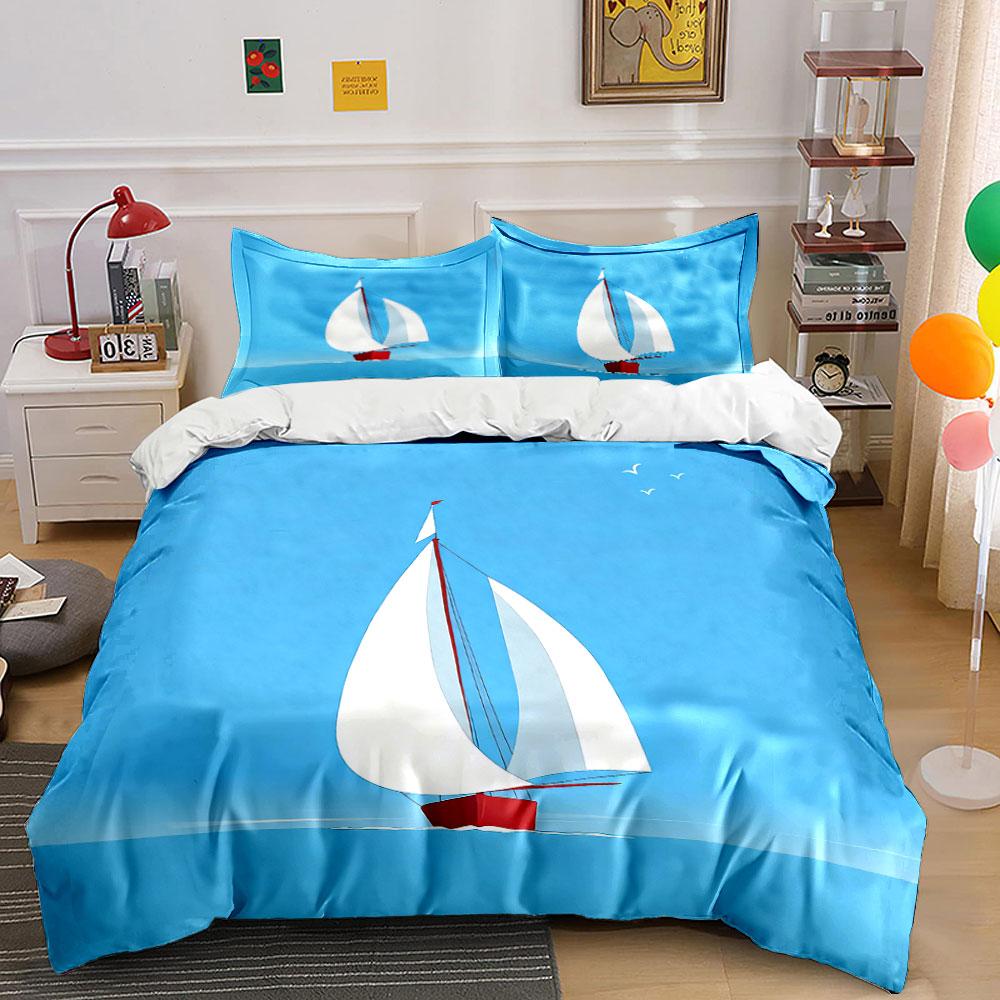 Sailboat Decor Set - Nautical Theme Soft Comfortable Duvet Cover Bedding Set Included 1*Duvet Cover & 2*Pillowcases, Gift