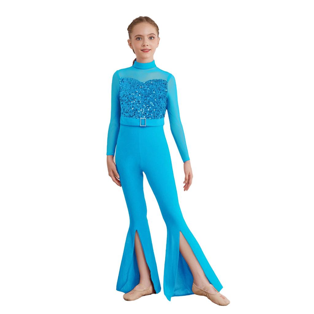 Girls Jazz Dance Jumpsuit: Mock Neck Long Sleeve with Cutout Back & Invisible Zipper, Sheer Mesh Sequins Bodice & Split Bell-Bottoms