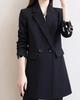 Women's Lapel Long Sleeve Blazer Regular Fit Office Style Solid Color Mid Length Double Button Polyester Korean Casual Suit Jacket
