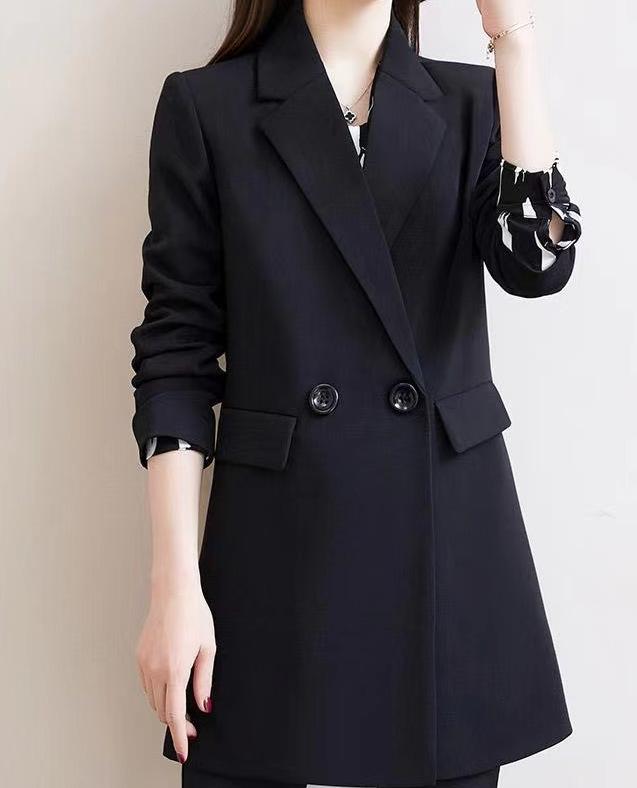 Women's Lapel Long Sleeve Blazer Regular Fit Office Style Solid Color Mid Length Double Button Polyester Korean Casual Suit Jacket