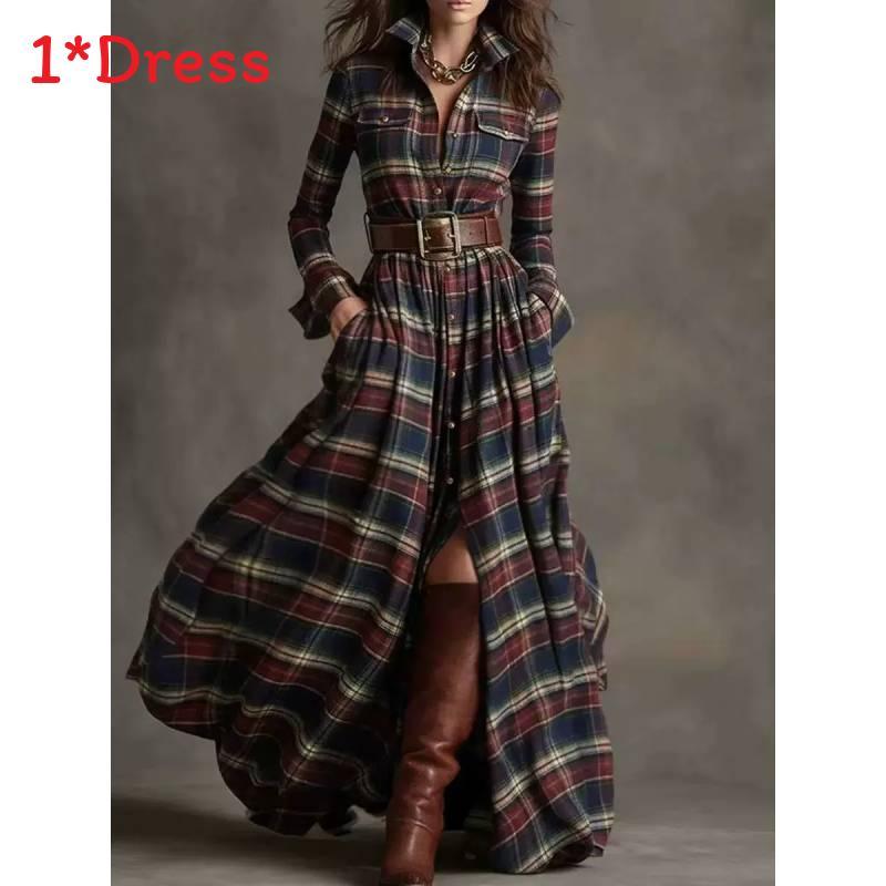 Vintage Plaid Long Sleeve Dress With Pockets For Autumn Fashion Enthusiasts