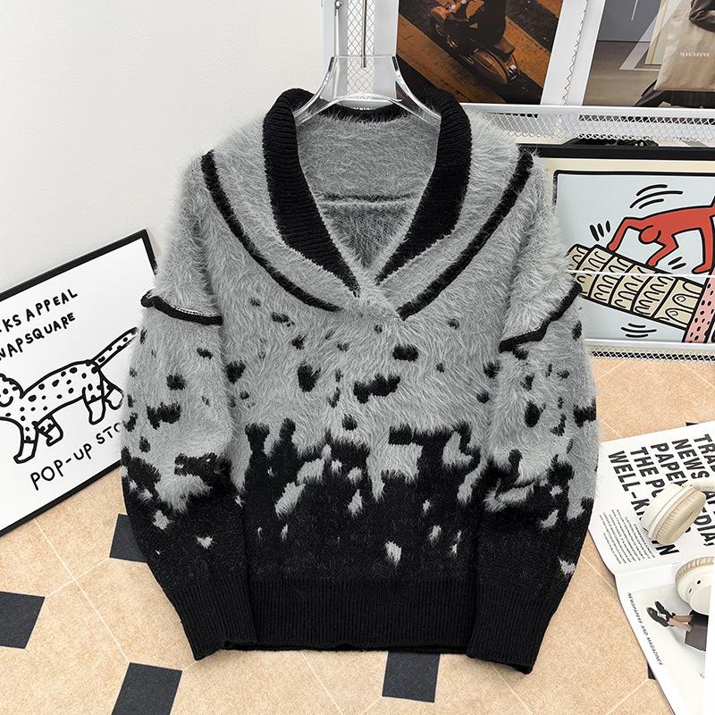 Men s Winter Faux Mink Fur Collar Sweater: Retro Dark Style, Trendy, Versatile Knitwear 2XL