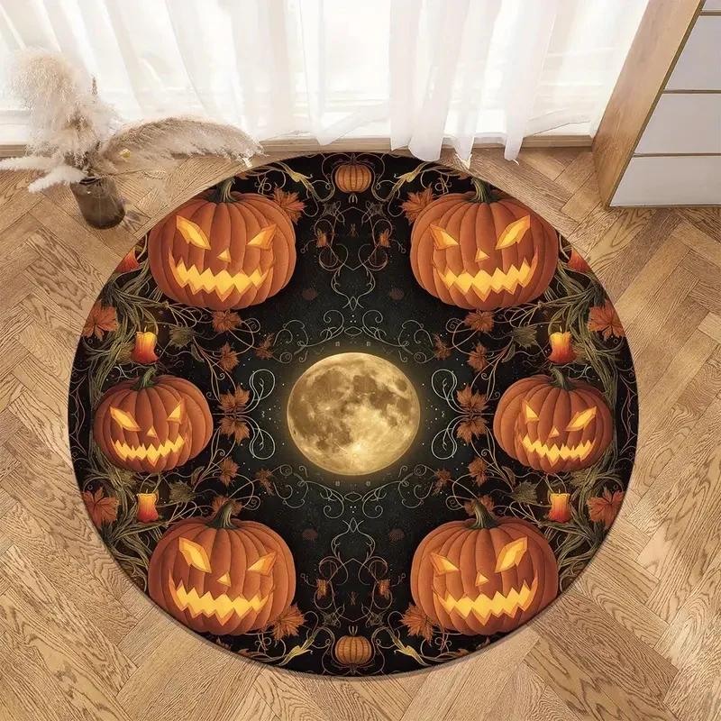 Halloween Pumpkin Round Rug – Non-Slip Floor Mat for Living Room, Bedroom & Kids’ Play Area, Festive Seasonal Decor