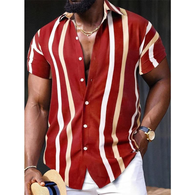 Hong Kong Style Draped Striped 3D Printed Button Cardigan, A Versatile Aloha Shirt for Men's Summer Business and Vacation Wear.