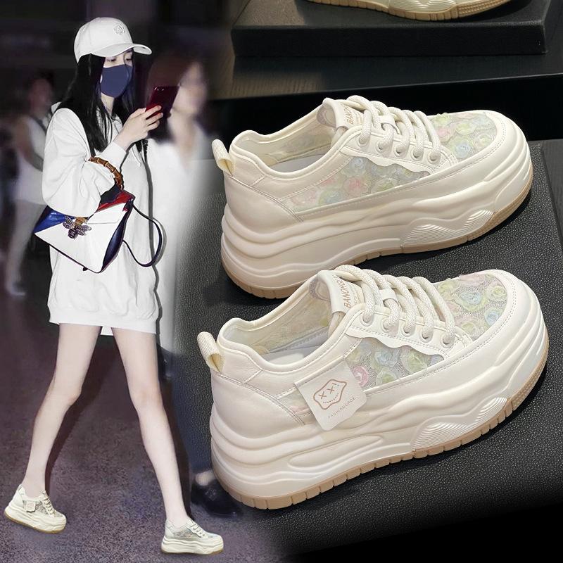 Leather little white shoes women's new single-mesh breathable thick-soled heightening sports and leisure shoes versatile muffin board shoes