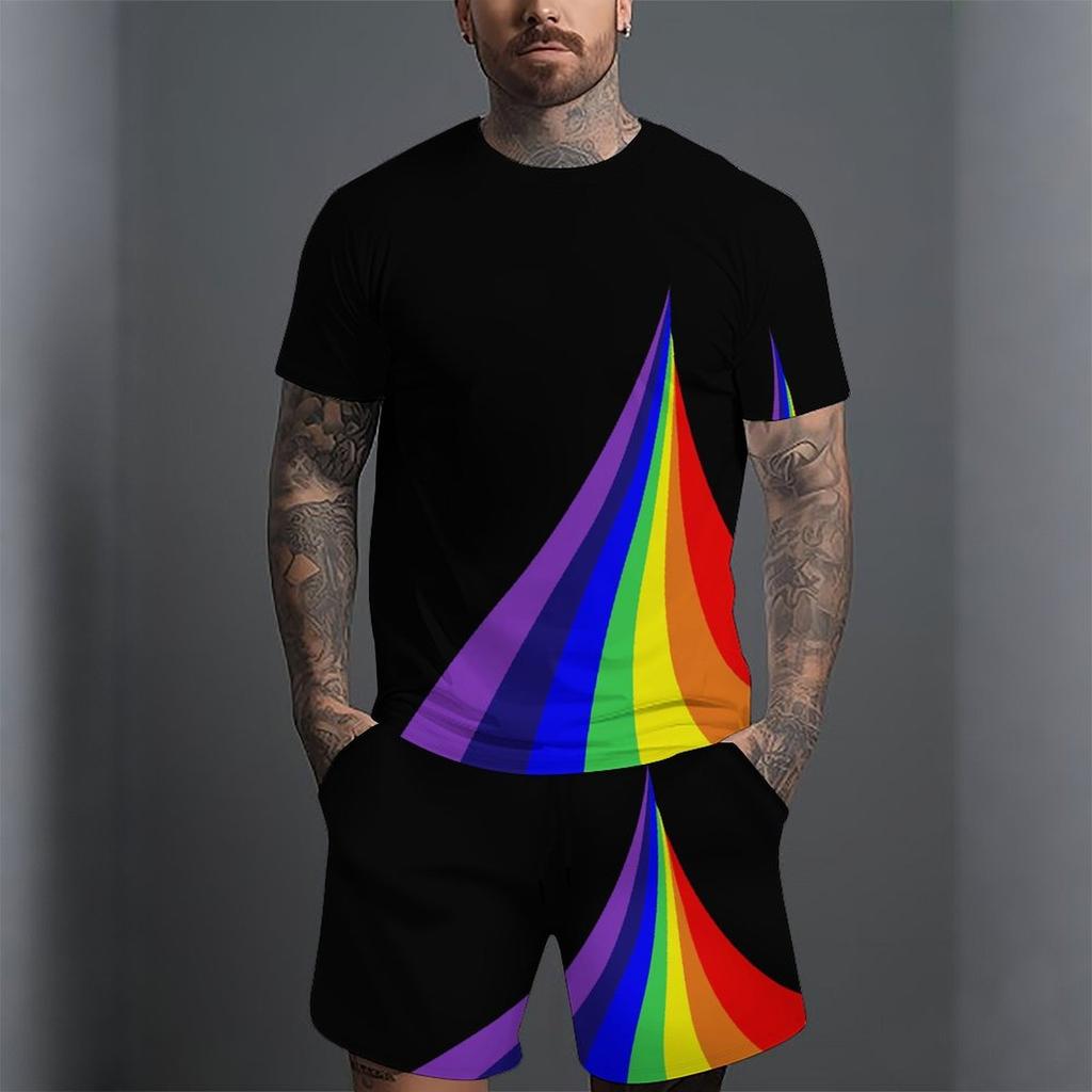 Men Diagonal Orange Yellow Stripe Split Print Short Sleeve Tee And Matching Shorts Two Piece Outfit