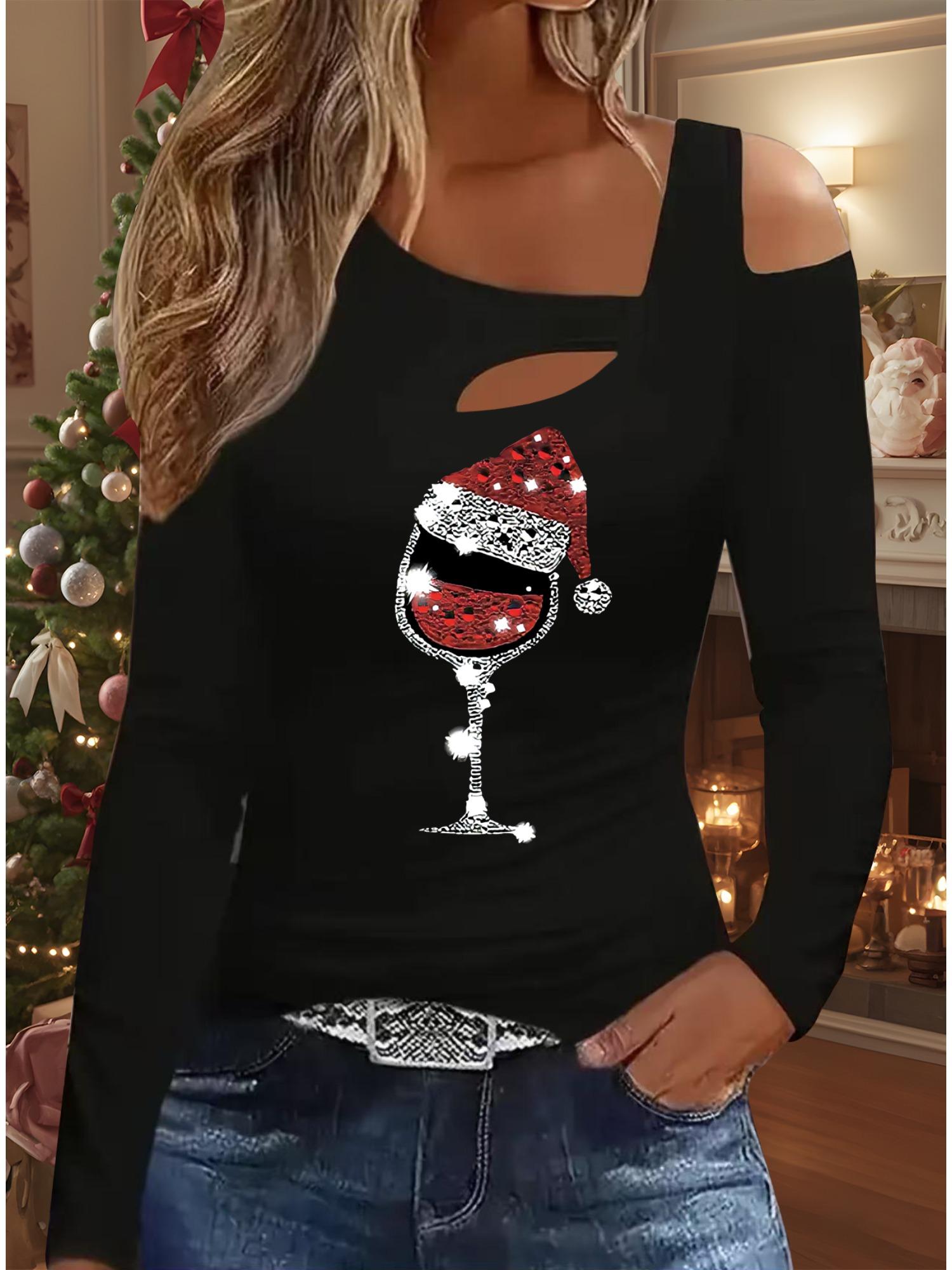 

Осень и Зима Женский Новый Повседневный Топ с Длинным Рукавом Рождественский Узор Идеальный Подарок на Хэллоуин Рождество Футболка S чёрный